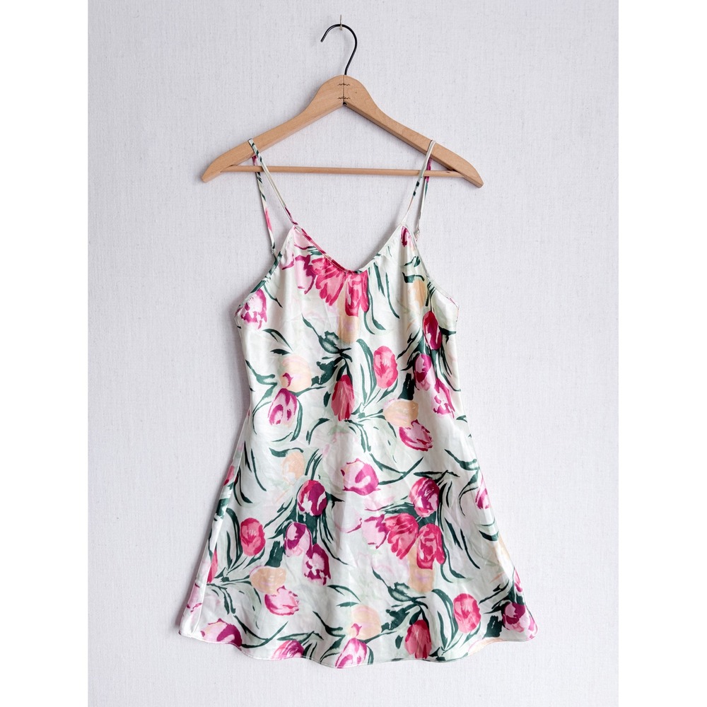 Vintage Floral‎ Satin Slip Dress Pink Tulip Print Mini Chemise Nightie Womens
